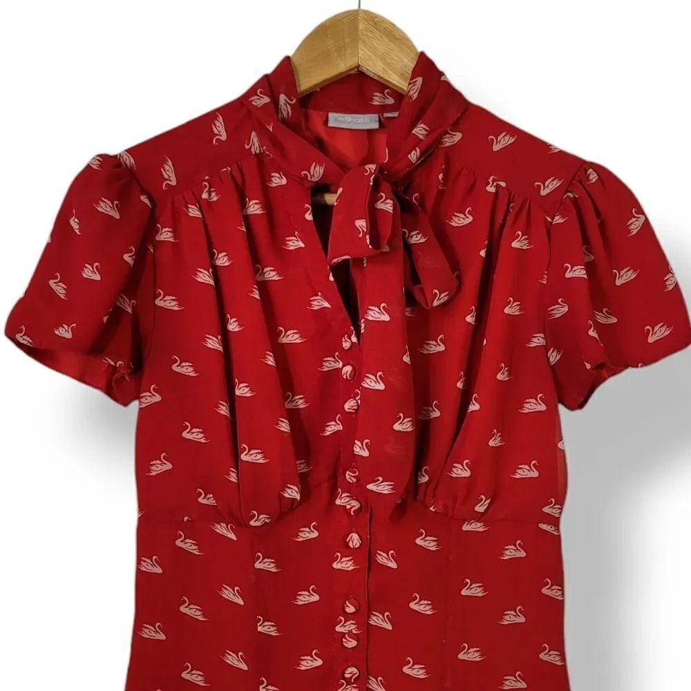 eShakti Swanning Around Tie Neck Button Down Heirloom Blouse in Red Size Small - Picture 4 of 8